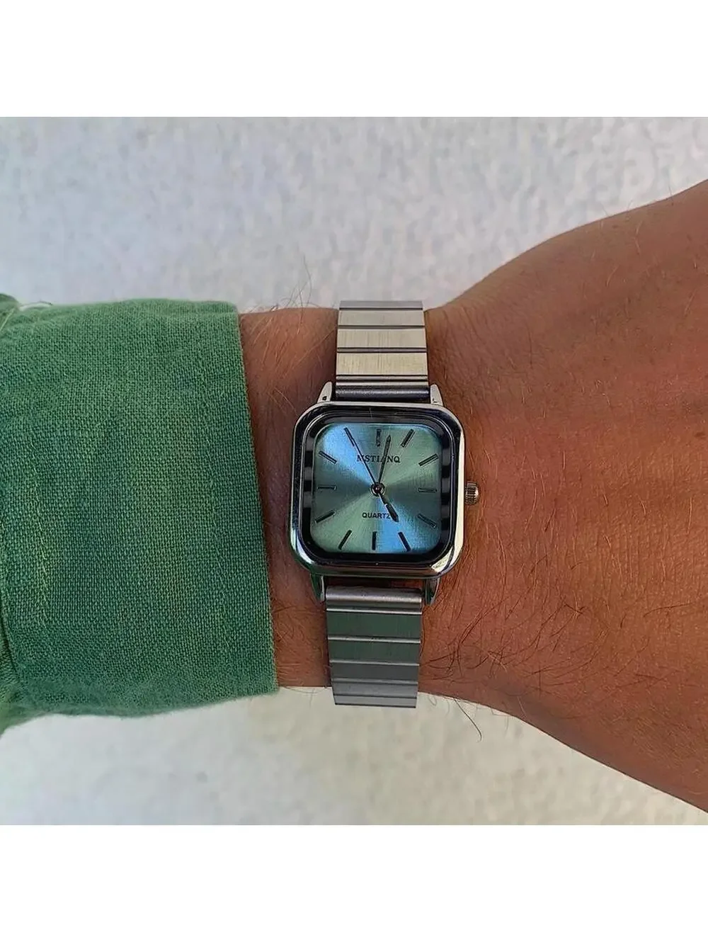 Blue face stainless silver square watch. Classy sporty style watch. Stainless